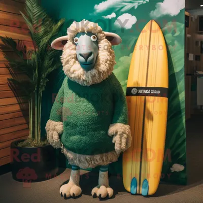 Produktbild von Waldgrüner REDBROKOLY Merino-Schaf Maskottchen Kostüm charakter bekleidet mit Boardshorts und Ohrringen
