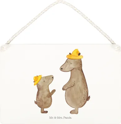 Produktbild von Mr. & Mrs. Panda Schild Bären mit Hut DIN A5 - Weiß - Geschenk, Vatertag, kleine aufmerksamkeit, Muttertag, Wandbild Holz, Holzschild, Familie, Kinder, holzbild