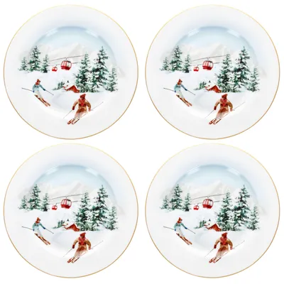 Produktbild von 4x Chalet Kuchenteller 4 Pers. Porzellan Dessert-Teller Ski Alpen Geschenkkarton