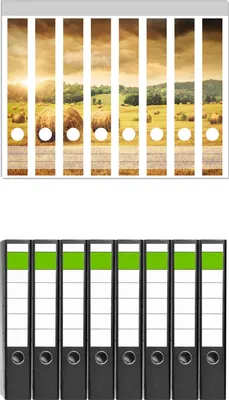 Produktbild von Wallario 8 Stück schmale Ordner inkl. Klebeetiketten mit Motive Strohballen auf dem Feld bei Sonnenuntergang -  Set mit Rückenschildern / Ordnerrücken Stickern