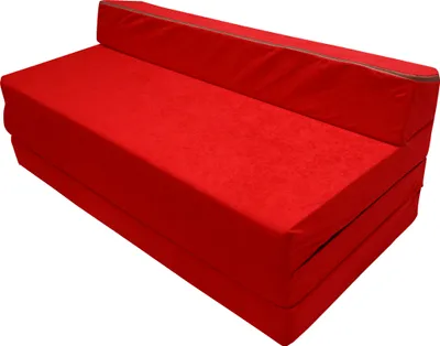 A red foldable mattress or sofa bed shown from a diagonal angle.