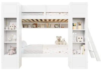 Produktbild von Etagenbett mit 2 Liegeflächen und Stauraum, 2 Lattenrosten, Trittleiter, Rausfallschutz und Regalen, Kinderbett, 90x200 cm, Holzbett, Kiefer