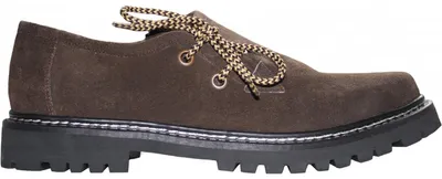 Seitenansicht von Haferl-Lederschuhen – traditionelle, handgefertigte seitlich geschnürte Lederschuhe aus echtem Rauleder (Rindsleder), 100 % Leder mit Blockabsatz für zeitlosen Stil und Komfort.