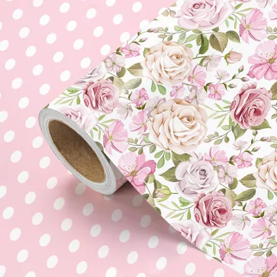 Immagine prodotto di Carta da regalo a rotolo, motivo a fiori e pois, colore rosa, dimensioni 43,2 cm x 5 m