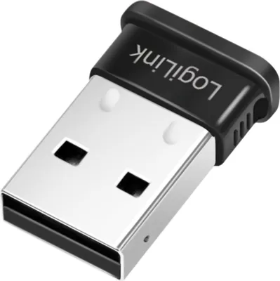 A close-up studio shot of a LogiLink USB Bluetooth adapter.