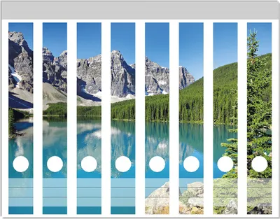 Produktbild von Wallario Ordnerrücken Sticker, selbstklebend für schmale Ordner, 8 Stück, Motiv Tiefblauer See mit Bergpanorama und Wäldern  Kanada