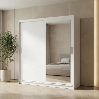 Image de BEAUTYSOFA | Armoire HELA 180 cm blanche – Armoire moderne avec miroir, portes coulissantes et 2 tiroirs, design minimaliste