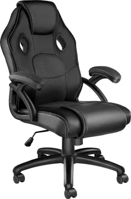 A black office chair with white stitching, shown from a front-diagonal angle against a white background.