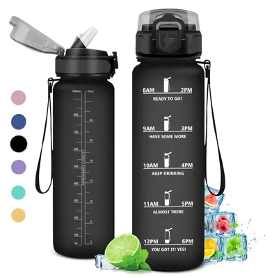 Produktbild von Trinkflasche mit Zeitmarkierung, 1 Liter, BPA-frei, auslaufsicher, mit Strohhalm, für Schule und Sport