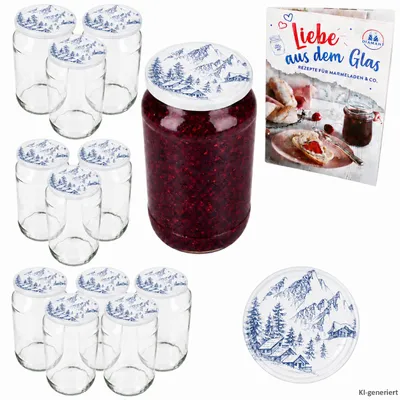 Produktbild von 12er Set Sturzglas 1062ml Alpendekor Deckel Rezept-Heft