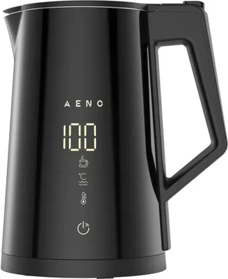 A black electric kettle with a digital display showing '100' and various icons.