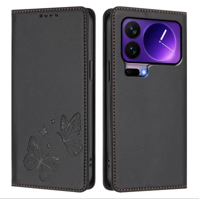 Produktbild von Lederhülle für Xiaomi 17 Pro, Schmetterling Prägung Leder Brieftasche Schutzhülle mit Ständer Schwarz
