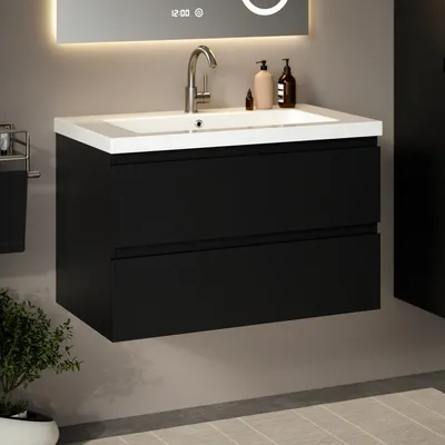 Produktbild von Mirlux Badezimmermöbel-Set Schwarz 80 cm – Weißes Waschbecken – Badezimmermöbel-Set – Waschtischunterschrank Schwarz