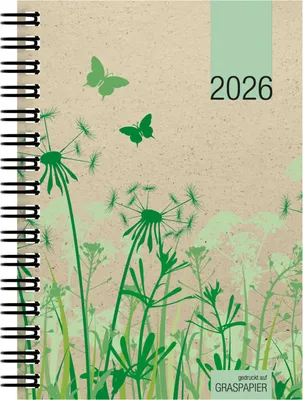 Produktbild von Taschenkalender Graspapier 2026 - Bürokalender 10x14 cm - 1 Woche auf 2 Seiten - robuster Kartoneinband - Wochenkalender - Notizheft - 639-0640