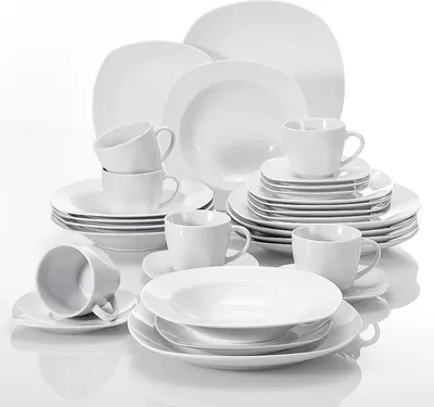 Immagine prodotto di Servizio da tavola Noble - 30 pezzi - 6 persone - Ceramica bianca - Piatti per la cena e per la colazione - Ceramica elegante