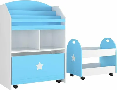 Image de Happyment Étagère à jouets pour enfants - Lot de 2 - Bleu/Blanc - Chambre d'enfant - Rangement - MDF