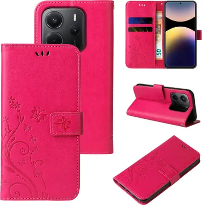 A collage of images showing a pink floral and butterfly patterned flip phone case for a Xiaomi Redmi Note 14 Pro.