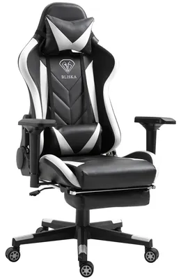 Produktbild von Gaming Stuhl mit Fußstütze und ergonomsichen 4D-Armlehnen gaming chair in ergonomischer Sportsitz Optik Gamer Stuhl mit verstellbaren Rückenstützkissen Bürostuhl,Farbe:Schwarz/Weiß