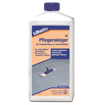 A bottle of Lithofin KF Pflegereiniger cleaning product.