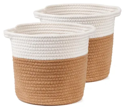 Produktbild von Übertopf Korb, Blumentopf geflochten, Pflanzenkorb Indoor, 2pack, Blumenübertopf (Weiß mit Baumwolle, ø 25 cm)