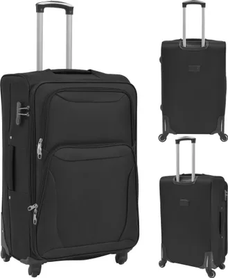 A set of three black suitcases of different sizes, displayed against a white background.