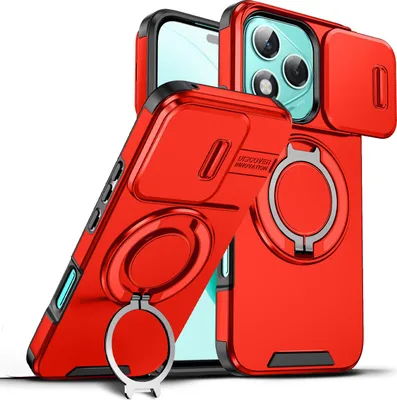 Produktbild von Handyhülle für Honor 400 Lite Dual-Layer Stoßfest Militär Hülle mit Dia Kameraschutz und Magnetisch Ring Ständer Rot