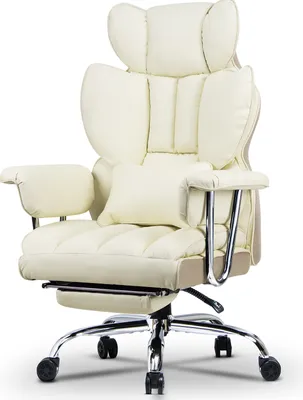 Produktbild von Bürostuhl mit Fußstütze - Ergonomischer Schreibtischstuhl mit Lordosenstützkissen - Großer Chefbürostuhl aus Kunstleder mit Hoher Rückenlehne - Beige