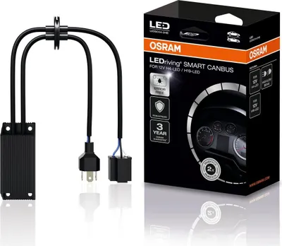 A product shot of an OSRAM LEDriving SMART CANBUS adapter and its packaging.