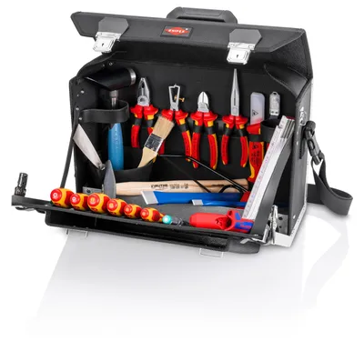 An open tool bag filled with various tools, displayed on a white background.
