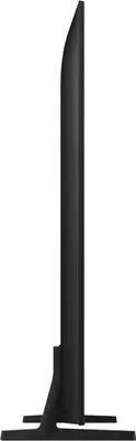 Side view of a black television on a stand against a white background.