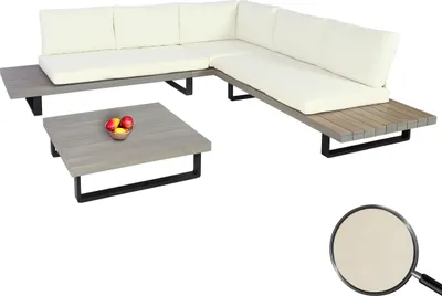 Produktbild von Záhradný set HWC-H54, sedacia súprava lounge set, točený polyakát MVG Alu ~ sivá, čalúnenie krémovo biela