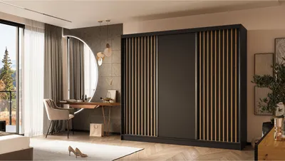 Zdjęcie produktu dla Szafa z lamelami LINEA 240 cm Czarna szafa przesuwna z lamelami dąb artisan na froncie Gładka trzydrzwiowa szafa z lamelami Szafa na ubrania z lamelami