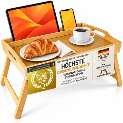 Produktbild von Klappbares Frühstückstablett aus edlem Bambus Holz – XXL Betttablett Serviertablett mit Füßen für Bett, Couch & Sofa (70x45x25cm)