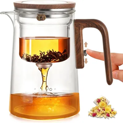 Produktbild von Glas-Teekanne 800 ml, Borosilikatglas, Wassertrennung, Holzgriff, für Büro