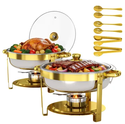 2 runde Chafing Dishes 6QT, Edelstahl, stapelbar, für Buffet