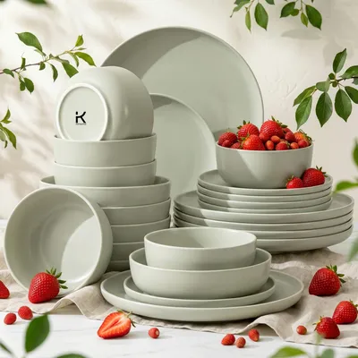 Produktbild von Konsimo Kombiservice VICTO Schale Dessertteller Speiseteller Suppenteller 6 Personen (24 El.), matt beige/grün/grau, Keramik, Loft