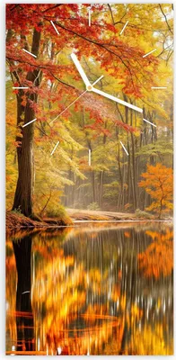 Produktbild von Wanduhr aus Glas mit Motiv Herbstwald am See- 30 x 60 cm - inkl. Aufhängesystem