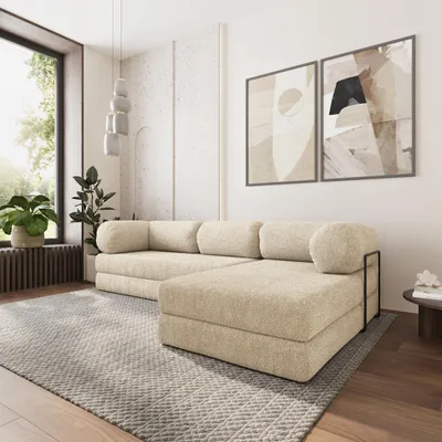 Produktbild von Masseno Ecksofa KELI mit Metallgestell, Modulares Schlafsofa aus Schaumstoff, Klappbares Bodensofa, Schlaffunktion - Creme, QUELLE 02