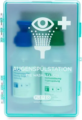 Produktbild von FLEXEO Augenspülstation mit 500ml NaCl 250ml Phosphatpufferlösung, inkl. Wandhalterung, 1 Set