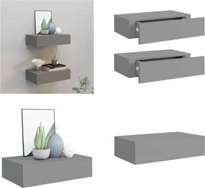 Produktbild von vidaXL Wandregale mit Schubladen 2 Stk. Grau 40x23,5x10 cm MDF - Schubladenregal - Schubladenregale - Wandregal - Wandregale