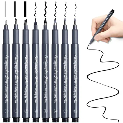 Image de Kit de stylos de calligraphie, 8 pièces, noir, pinceaux pour le lettering à la main, idéal pour les débutants et les carnets Bullet Journal