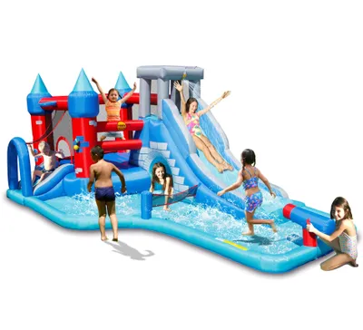 Obrázek produktu pro Happy Hop Velký vodní Rytířský skákací hrad s bazénem 5,8m x 4m, výška 2,3m. 23m2 Fukar, míčky a příslušenství součástí balení.
