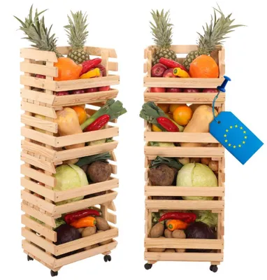 Produktbild von MODO24 Gemüseregal Holz, 4 Holzkisten, Kartoffelsteige, Obstregal, Rollenregal, Stapelbar, Vorratsregal, Massivholz Kiefer, 106x37x30 cm, Natur, RAWA