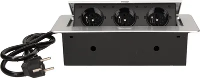 A pop-up socket outlet with three European-style sockets and a power cord.