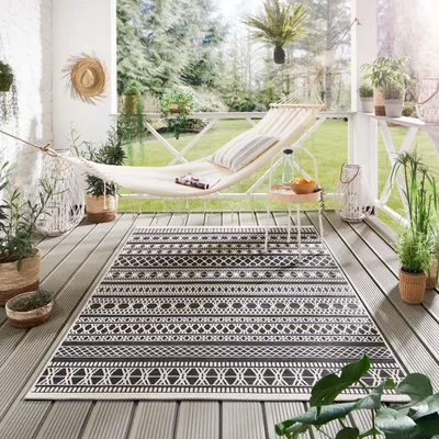 Produktbild von Steffensmeier Indoor Outdoor Teppich Nyland wasserfest Kunststoff Balkon Garten Flur, strapazierfähig und pflegeleicht, Streifen Schwarz, Größe: 135x1