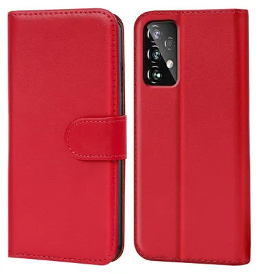A red book-style phone case is shown open, revealing the inside and the camera cutout on the phone it is designed for.