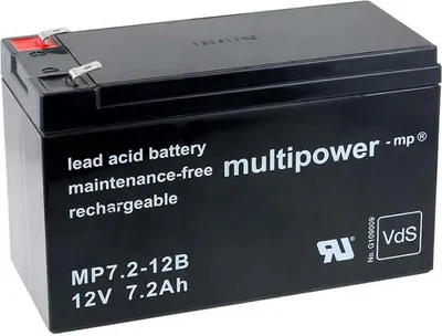A black lead-acid battery with white text and logos on a white background.