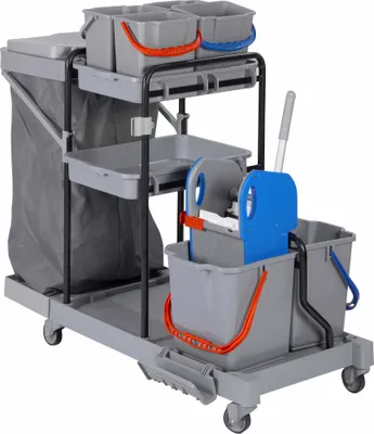 Produktbild von CleanSV® Deluxe Profi PE Reinigungswagen Putzwagen, mit Moppresse, 2 x 17 Liter Eimern, 4 x 5 Liter Eimer, 3 Ablagen, Müllsackhalter