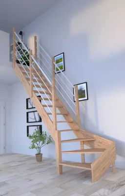 Produktbild von Holztreppe Rhodos in 1/4 gewendelter Ausführung links-Eiche-Holz-Edelstahl Geländer weiß-beidseitig-ohne Setzstufen