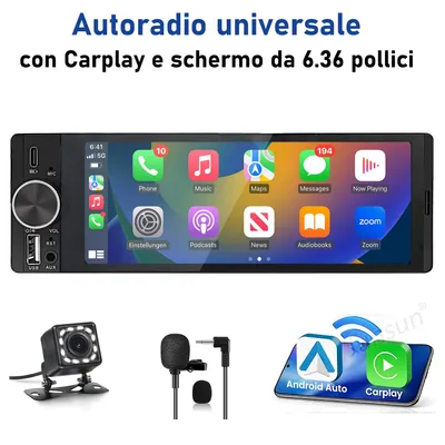 Immagine prodotto di Autoradio universale 1 DIN da 6,36" IPS con touchscreen, CarPlay, Android Auto e telecamera di retromarcia
